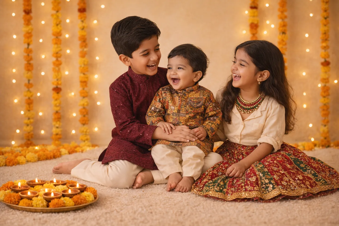 Three kids dressed for Diwali on a rug with lit diyas and marigolds: a boy in the wine chikankari kurta set, a girl in a sequinned lehenga skirt and a toddler in the patchwork print kurta set