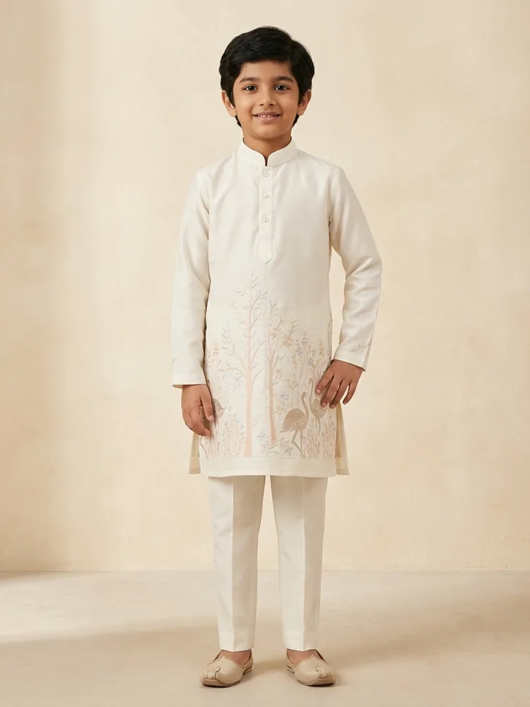 Ivory Crane Embroidered Kurta Set