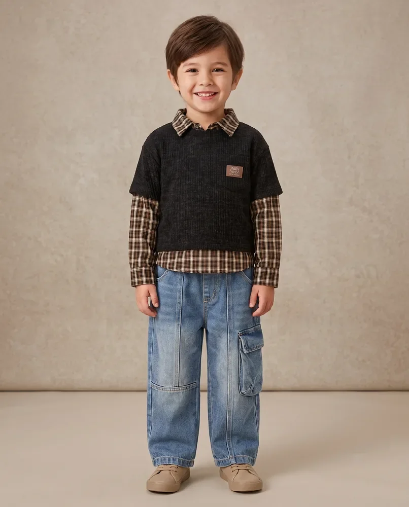 Layered Tee & Cargo Jeans Set
