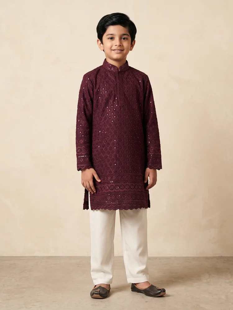 Wine Chikankari Sequin Kurta Set
